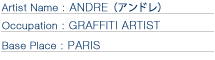Artist Name : ANDRE（アンドレ）
Occupation : GRAFFITI ARTIST
Base Place : PARIS